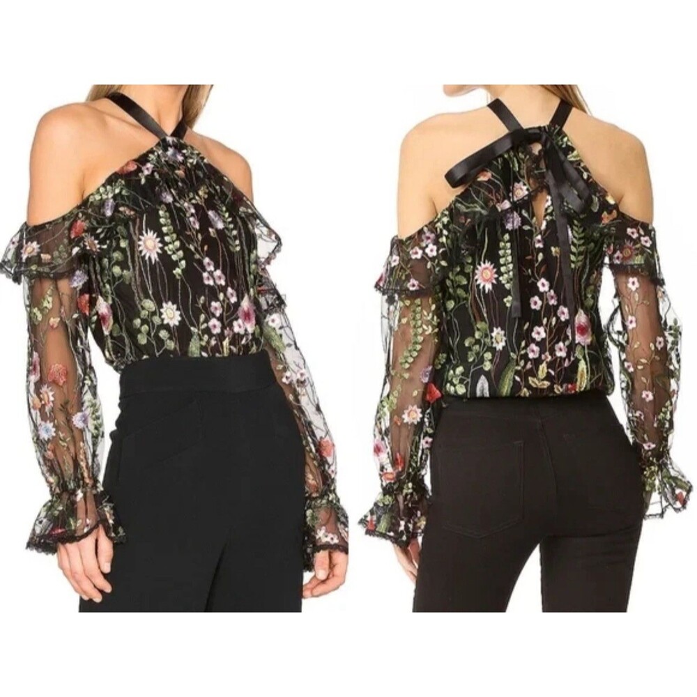 Persun Black Floral Embroidered Sheer Off Shoulder Boho Blouse Long Sleeve S NWT